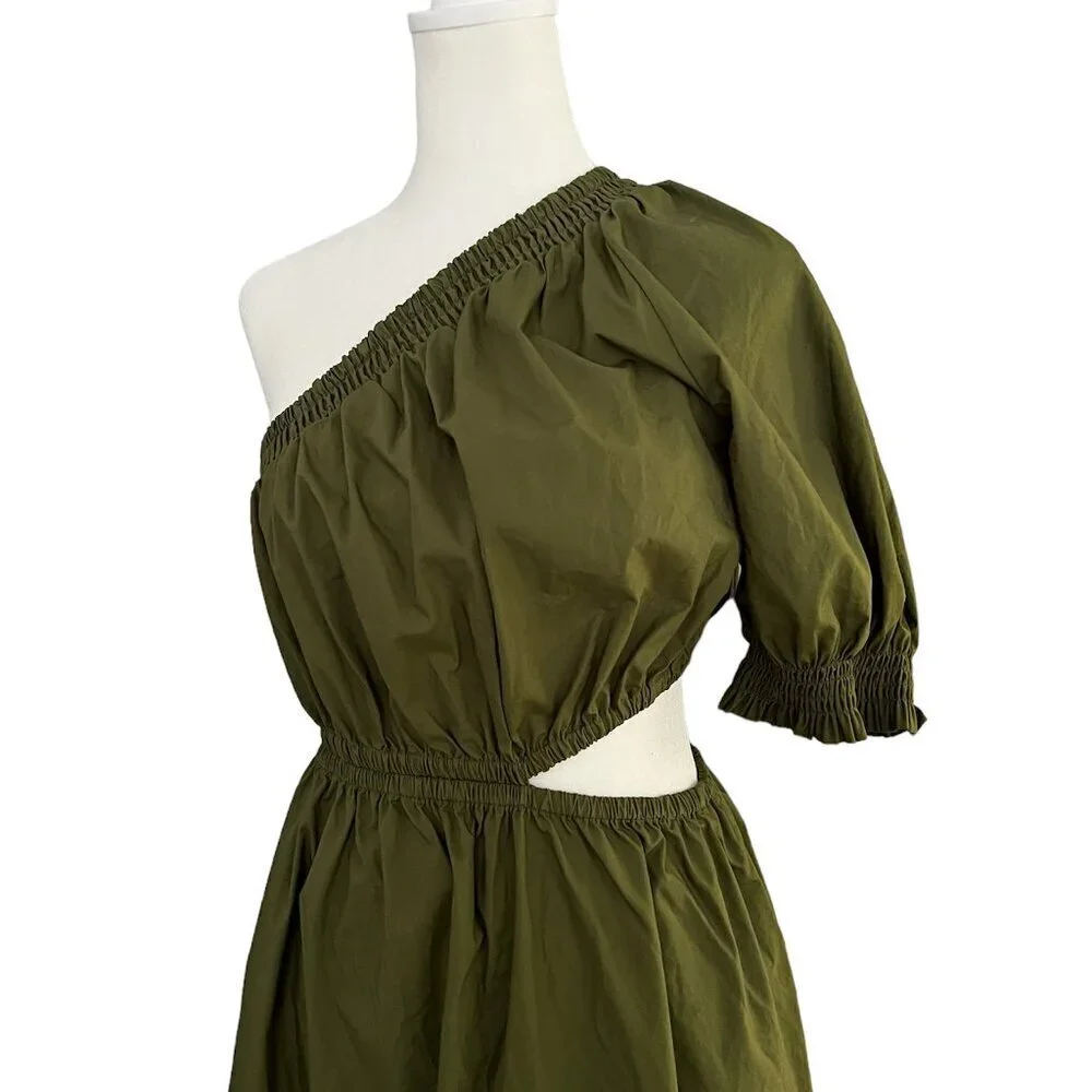 Who What Wear Olive Green‎ Puff Short Sleeve Cut Out Midi Dress Size Small